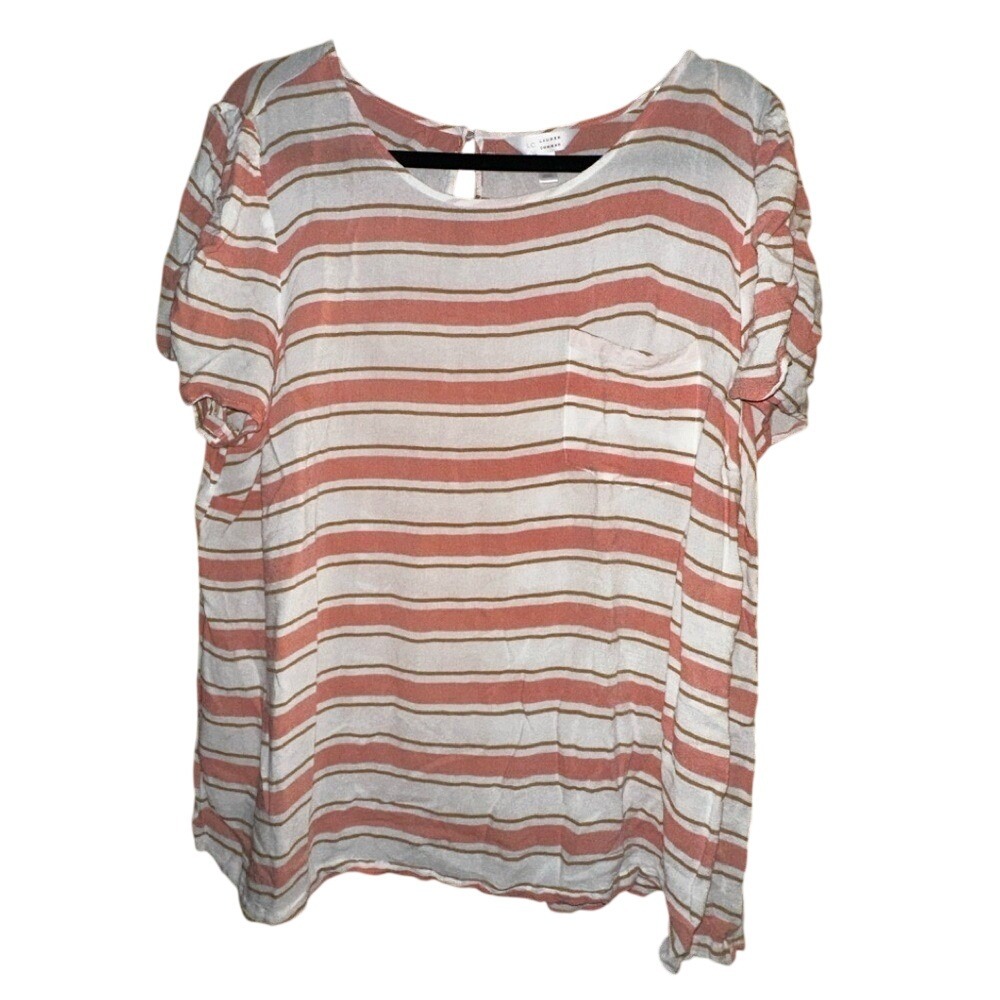 LC Lauren Conrad Striped Blouse 2X Pink Tan Ruched Puff Sleeve Keyhole Back Top